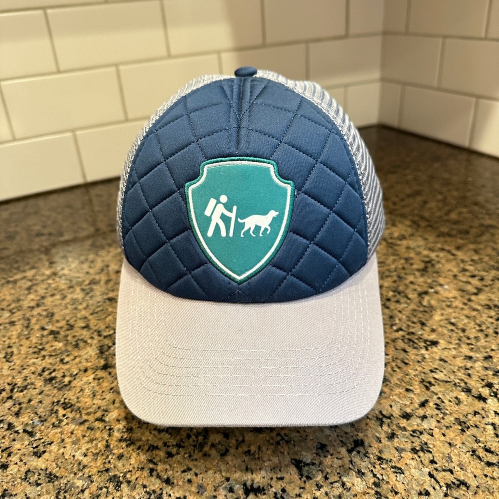 Hiking Dog Quilted Snapback Trucker Hat Unisex OSFM Navy Grey Cotton